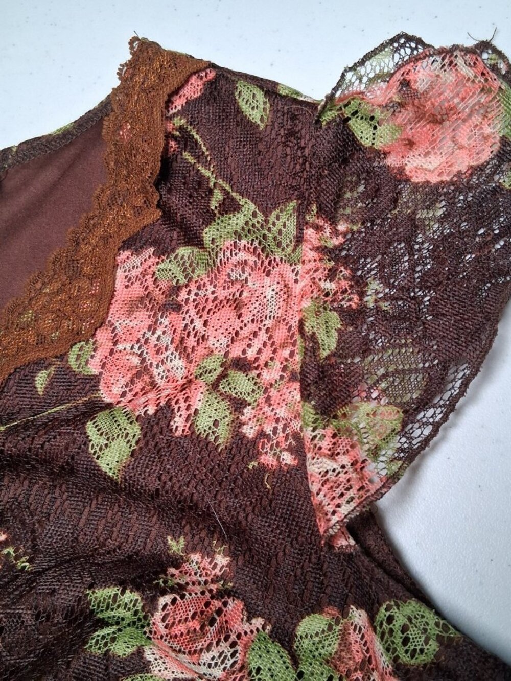 Vintage Y2K First Option Babydoll Top 14/16 Brown Pink Roses Fairy Whimsical - Picture 9 of 16